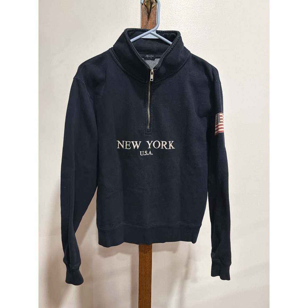 J Galt California Navy Blue New York USA Quarter Zip Sweatshirt Flag Patch OS